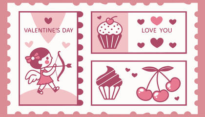 Fototapeta premium Cute valentine's day postage stamps illustration with romantic symbols