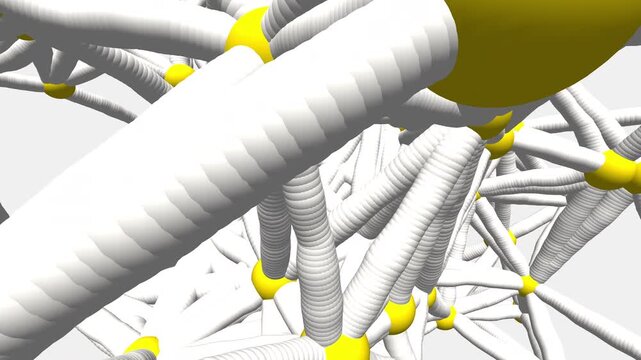 Seamless loop of microscopic bone trabeculae architecture with pulsing osteoblast cells. Procedural 3D calcified matrix structure for medical visualization. Geometric network growth.