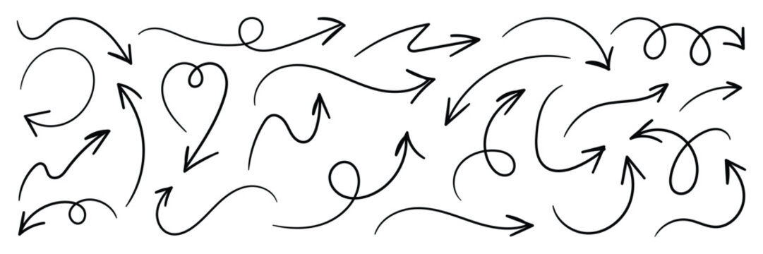 Hand drawn squiggly arrows doodle collection. Set of simple curvy lines hand drawn black arrows. Vector illustration of hand painted arrows scribble symbols of direction pointers. 