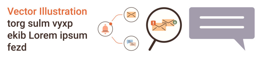 Fototapeta premium Online communication, mail security, messaging, research, digital interaction, technology. Envelopes, magnifying glass and chat bubble visual. Online communication and mail security