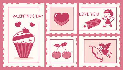 set of pink tags for your design Sweet collection of valentine's day elements featuring cupid, hearts, and romantic treats