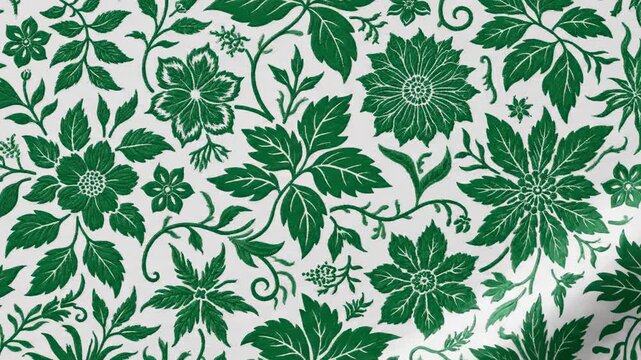 Pure white and rich green floral botanical pattern texture with a subtle light ripple effect washing over the infinitely tiling surface perfect for overlays background, design, elegant
