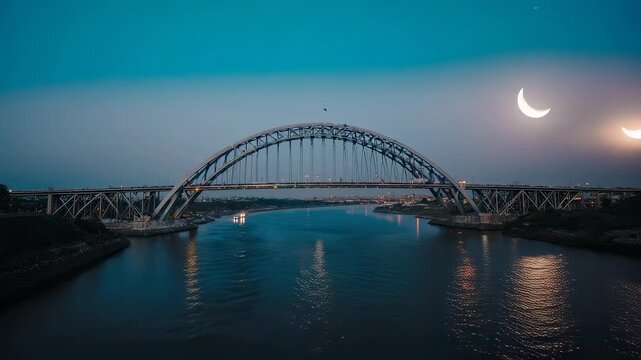 Time Lapse of Bayonne Bridge across Kill Van Kull with the Moon Rising