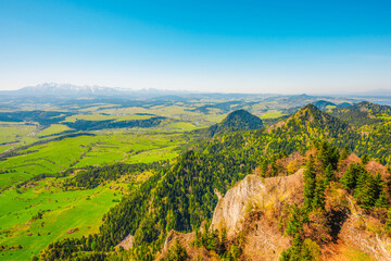 Hiking to peak Tri Koruny or Trzy Korony during day. Pieniny National park in Poland. View from the lookout at the top © Zedspider