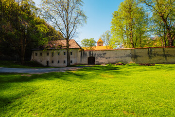 Medieval monastery Cerveny Klastor near Peak Tri Koruny or Trzy Korony in Pieniny National park in Slovakia and Poland © Zedspider