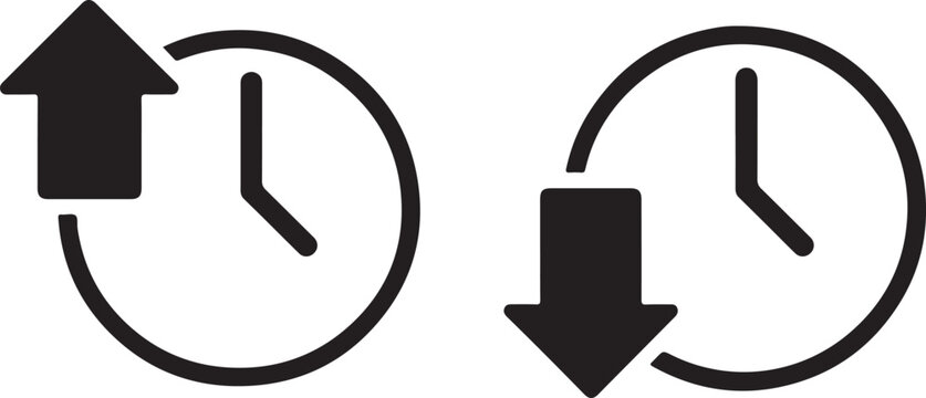 Time up and down arrows icon. clock with upward arrow for time increase/speed up and downward arrow for time decrease/slow down. time adjustment symbols. isolated on white background, illustration
