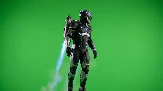 Futuristic sci-fi soldier with jetpack flying on green screen background