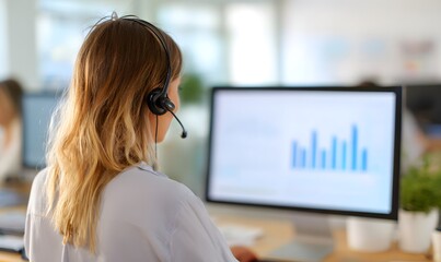 A customer service agent wearing a headset is sitting at a computer. On the screen is an business charts