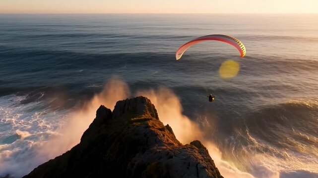 Paramotor pilot gliding over rugged coastline with dramatic waves and sunset light, adventure and freedom