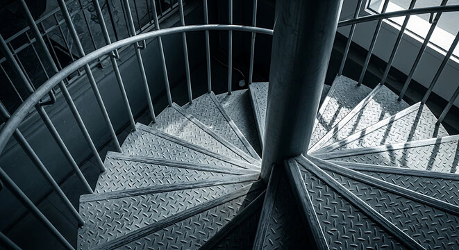 Monochrome high angle view captures the industrial texture and geometric spiral design of a rugged metal staircase descending into shadow and light