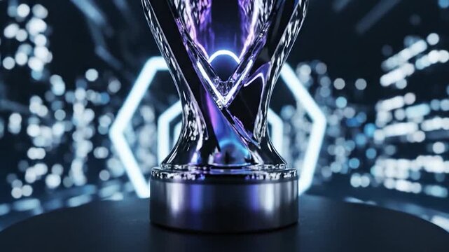 A gleaming, sculpted trophy sits on a dark pedestal, illuminated by blue neon lights