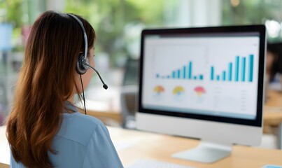 A customer service agent wearing a headset is sitting at a computer. On the screen is an business charts