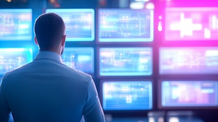 Professional individual observing expansive wall of television screens displaying dynamic visuals.