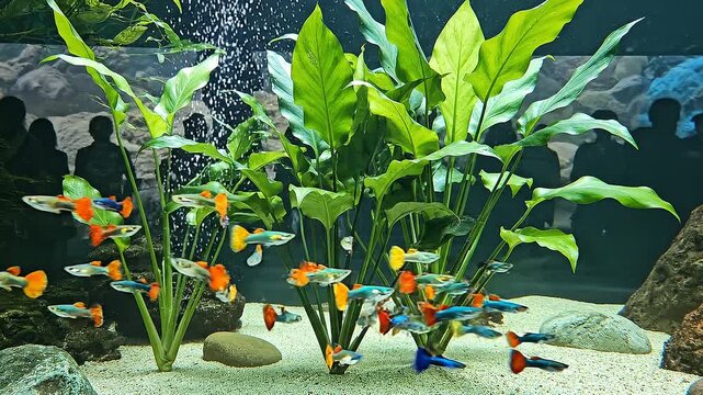Tranquil Underwater World: Colorful Guppies Swimming in a Lush Freshwater Aquarium