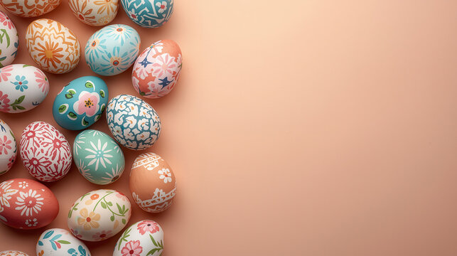 Uova di Pasqua dipinte con fiori su sfondo rosa pastello. Generative AI 