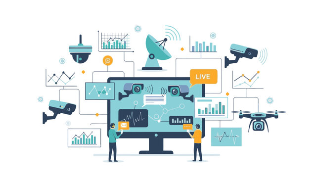 Flat lay illustration of a computer surrounded by various data visualization icons and graphics with a futuristic and technological theme on a clean white background.