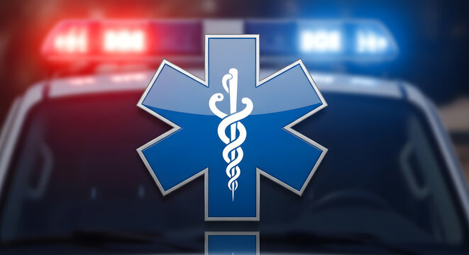 The blue star of life medical symbol with the rod of asclepius in front of blurred emergency lights