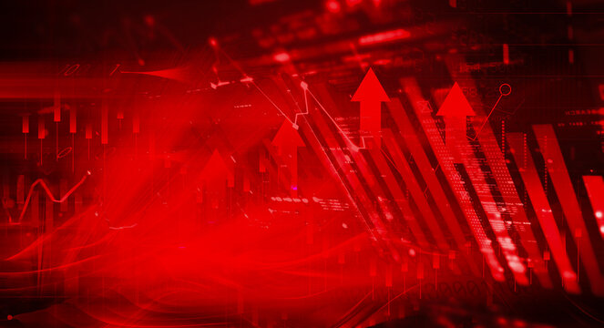 Dynamic red digital data visualization and financial analytics highlight the fast-paced movement of stocks, bonds, and stock markets, where glowing charts, arrows, and real-time indicators reflect