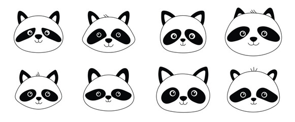 set of cute raccoon faces illustration