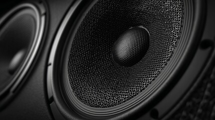 Close-Up View of High-Quality Audio Speaker Drivers with Textured Grills and Glossy Finish for Enhanced Sound Reproduction and Modern Design Aesthetics