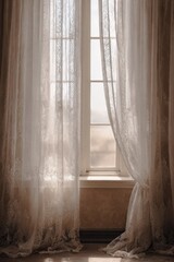 vintage lace curtain flowing beside tall window in classic european interior with natural light and soft shadows concept of fabric design interior decor and lifestyle branding