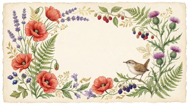 Vintage floral border with poppy lavender fern thistle berries and small bird watercolor illustration on aged paper evokes peaceful and nostalgic feeling