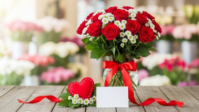 Romantischer Strau&szlig; roter Rosen mit Schleierkraut Geschenk und leerem Zettel als Textfreiraum f&uuml;r pers&ouml;nliche Botschaften Generative KI