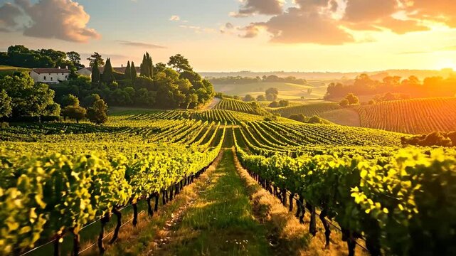 A vibrant sunset casts golden light over rolling hills, illuminating grape vines in a picturesque landscape