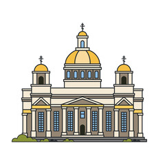 Naklejka premium Orthodox cathedral with golden domes and classical facade. Illustration. Object isolated on white background. City landmark, religion and tourism.