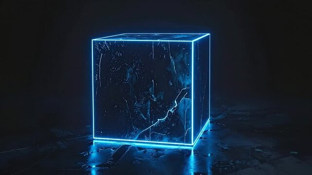 A glowing neon blue cube, textured and standing on a glossy surface against a dark backdrop