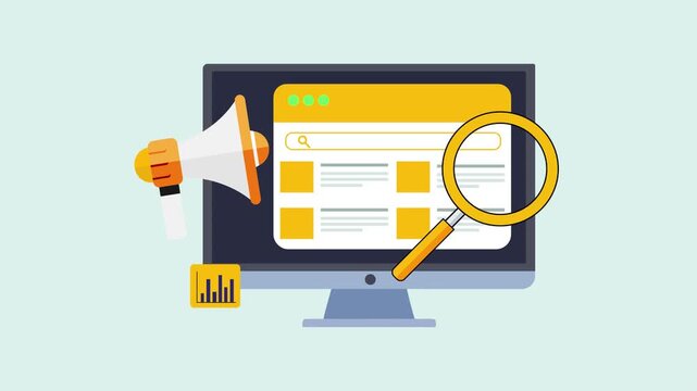 Flat vector illustration of a modern online shopping concept featuring a document folder with a finance icon for web and mobile business marketing on a computer laptop animation