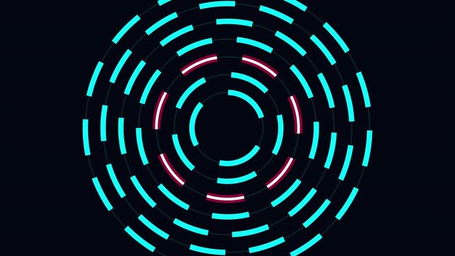Procedural 4K HUD loop featuring concentric cyan rings rotating as a cryptographic lock. Visualizes security failure with rhythmic pink error glitches and digital distortion on a dark background.