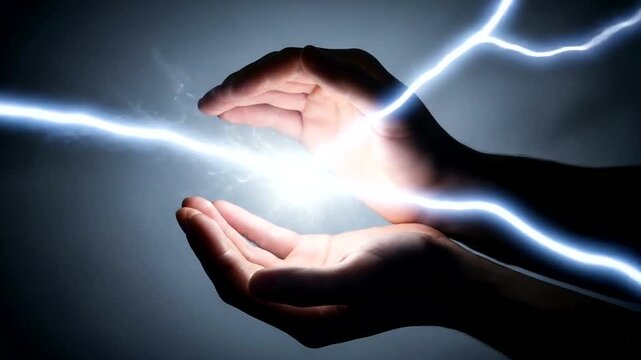 Human hands holding bright electric lightning energy bolt.