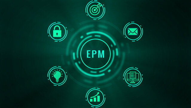 Enterprise Performance Management EPM concept with glowing neon for target achievement security idea growth email and document on dark digital background