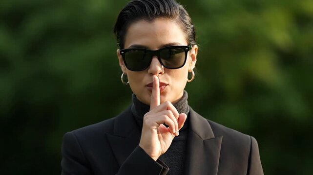 medium close up realistic footage anonymous person facing camera silence gesture index finger near lips relaxed confident expression subtle smile elegant posture dark clothing sunglasses natural outdo