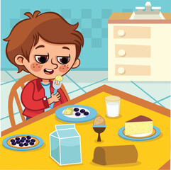 Cute Cartoon Boy Eating Breakfast &ndash; Kids Morning Routine Illustration.Cute cartoon boy having breakfast at the table. 