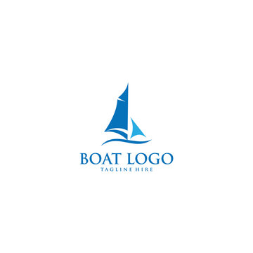 Sailing boat logo design in blue color, symbolizing travel and adventure on the sea, perfect for marine businesses and nautical brands