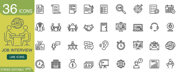 Set of job interview line icons for business and career. This outline pictogram collection shows employment symbols for human resource and recruitment with hopeful ambition