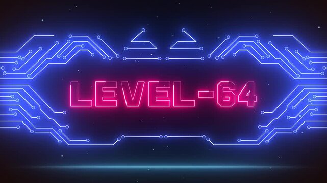 Creative level 64 milestone background with glowing pink neon text ideal for gaming achievement videos