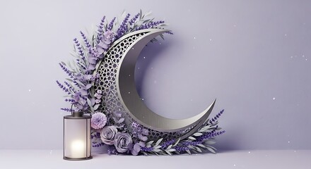 Crescent moon decoration with lavender and lantern