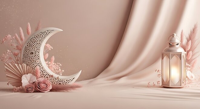 Beautiful crescent moon decoration with lantern and flowers