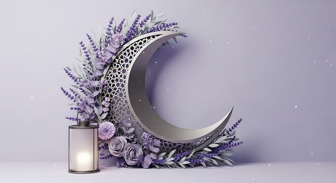 Crescent moon decoration with lavender and lantern