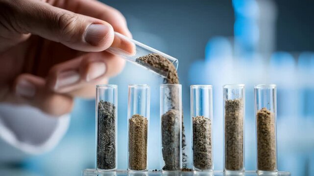 A hand pouring soil samples into test tubes in a laboratory setting for analysis