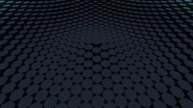 Procedural 3D hexagonal grid with synaptic wave propagation. Dark abstract neural network visualization with neon cyan activation peaks. Seamless loop of geometric computing architecture.