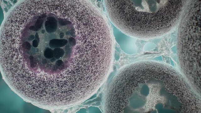 Microscopic view of cells with textured surfaces and intricate details in a scientific animation