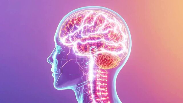 A video showcasing a human brain with a colorful neon light effect