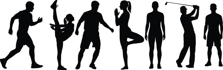 Set of sports people silhouettes featuring athletes running playing golf doing yoga and gymnastics for fitness wellness and healthy lifestyle concepts.