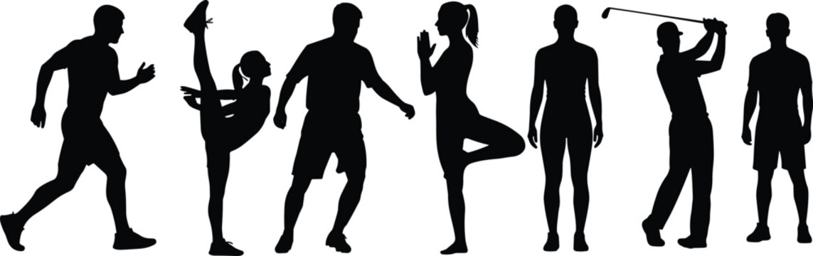 Set of sports people silhouettes featuring athletes running playing golf doing yoga and gymnastics for fitness wellness and healthy lifestyle concepts.