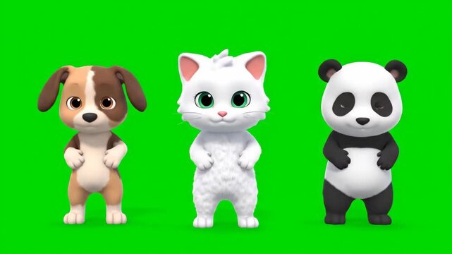 Cute animated dog, cat, and panda characters dancing happily on a green screen background.