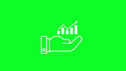 Naklejka premium White line of a hand holding a bar graph with an upward trending arrow against a vibrant green background symbolizing growth and financial success Keywords: hand, holding, bar, graph, chart